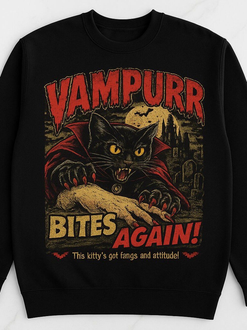 Vampurr Bites Again Black Cat Vampire Graphic Sweatshirt | Spooky Halloween